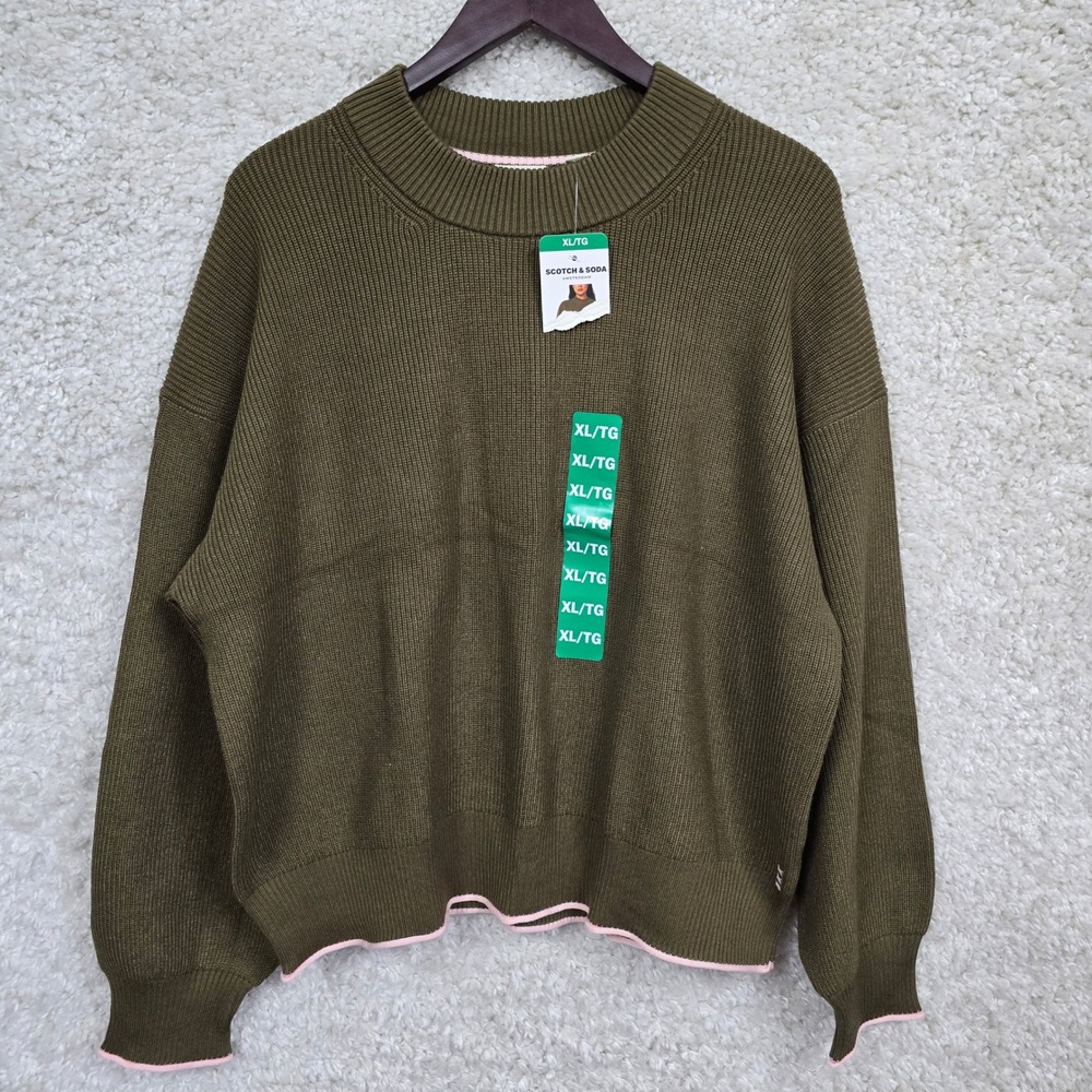 Scotch & Soda Ribbed Crewneck Sweater Women XL Olive Green Pink Trim New
